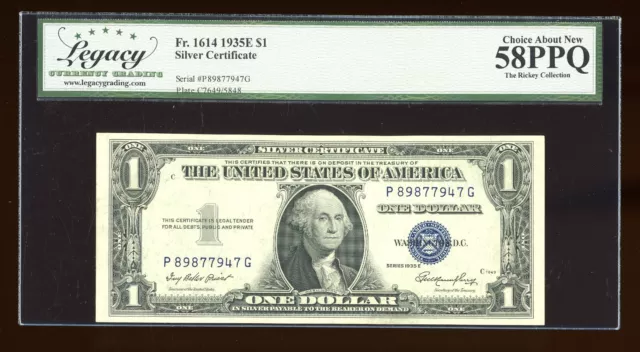 DBR 1935-E $1 Silver Fr. 1614 PG Block Legacy 58 PPQ Serial P89877947G