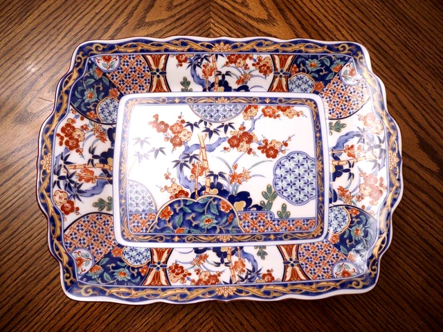Vtg Japanese ARITA IMARI Hand Painted Polychrome Handled Rectangular Tray 12.5"