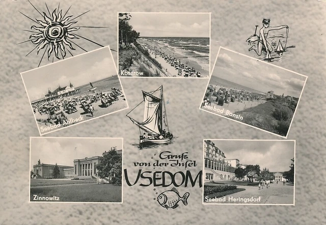 alte sw AK Gruß von der Insel Usedom - 5 Ansichten gelaufen Ansichtskarte C817b