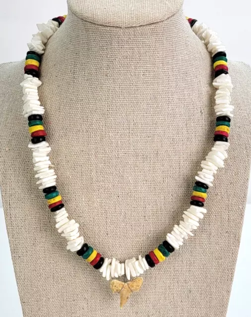 Rasta Shark Tooth Puka Shell Necklace 18 in Silver-Tone Lobster Clasp Jamaica