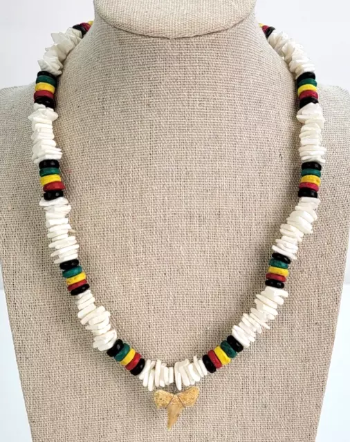 Rasta Shark Tooth Puka Shell Necklace 18 in Silver-Tone Lobster Clasp Jamaica Rasta Shark Tooth Puka Shell Necklace 18 in Silver-Tone Lobster Clasp Jamaica