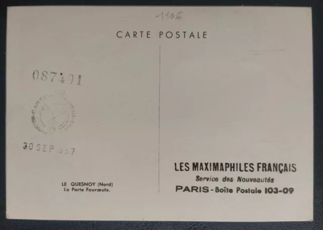 Carte Maximum 1er Jour Timbre N° 1106 Le Quesnoy Oblitéré Le Quesnoy 1957 2