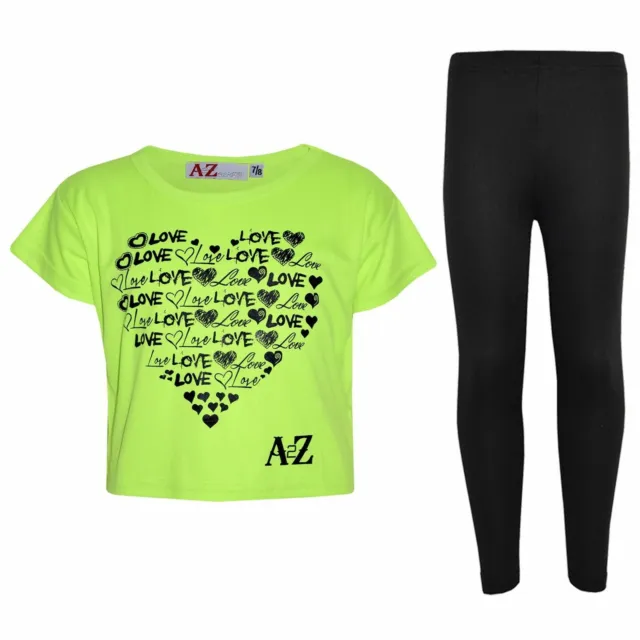 Kids Girls Love Print Stylish Neon Green Crop Top & Fashion Legging Set 5-13 Yrs