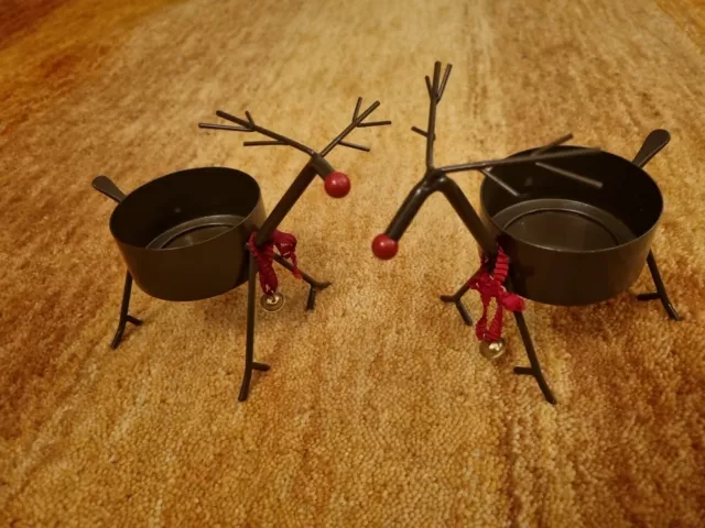 2 x Christmas Reindeer Medium  Candle Holders & Tealights Xmas Home Decor Gift