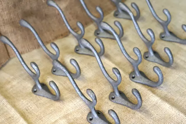 10 Cast Iron TRIPLE SCHOOL Style Coat Hooks Hat Hook Rack Hall Tree Tack Farm