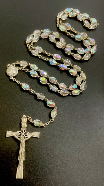 Crucifijo Vintage Católico Iridiscente 5 Décadas Rosario Tono Plata Italia