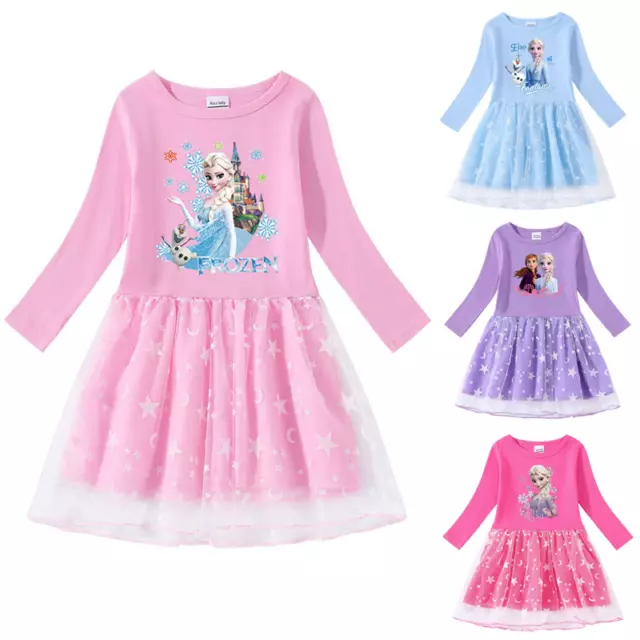 Kids Girls Elsa Anna Princess Cosplay Long Sleeve Birthday Party Fancy Dress Up