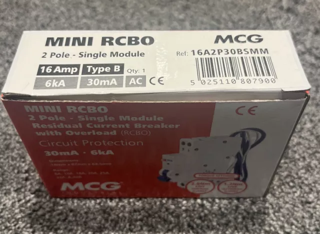 MCG Mini RCBO 2 Pole Single Module  16Amp Type B 6KA / 30mA