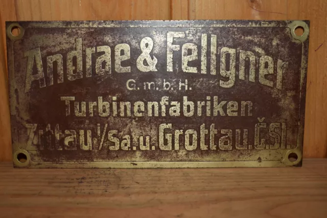 Altes Messingschild 20/30er J.,Turbinenfabriken  Zittau/Sachsen U. Grottau,Orig.