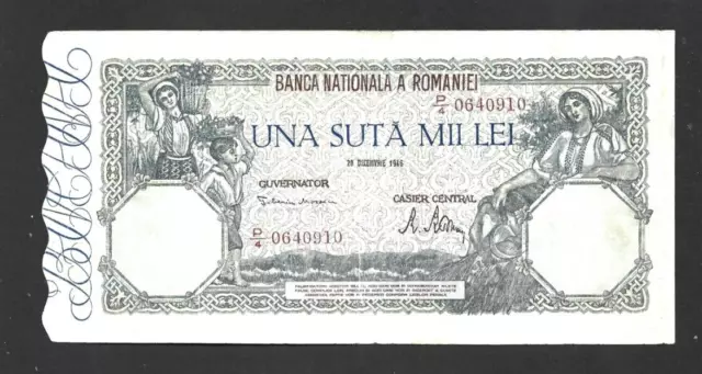 100 000 Lei  Very Fine Banknote From Romania 1946  Pick-58