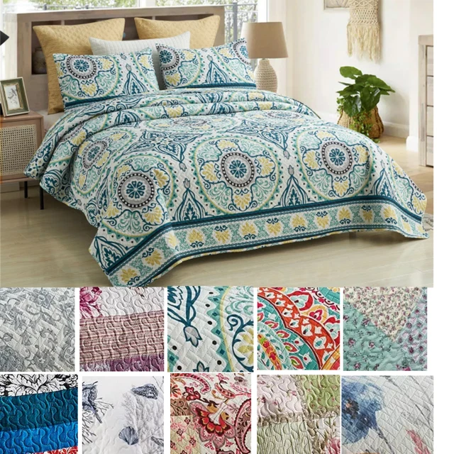 ENCOFT Quilts King Size, 3-Piece Purple Green Floral India