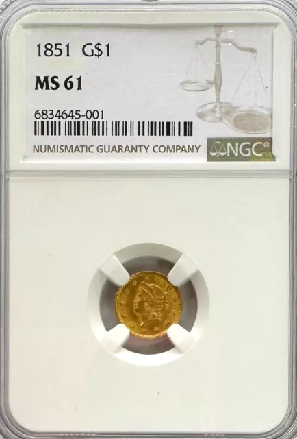 1851 $1 Gold Coin, MS 61 NGC.