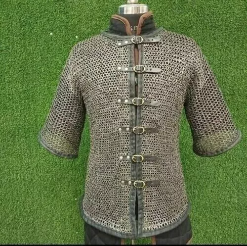 Medieval Chainmail Shirt Half Sleeve Flat Riveted Ring Leather Trim Handmade SCA