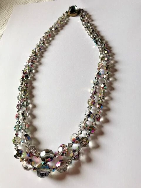 Collier Ras De Cou 2 Rangs - Perles De Verre Facettées Irisées - Gris - Bijou Vintage