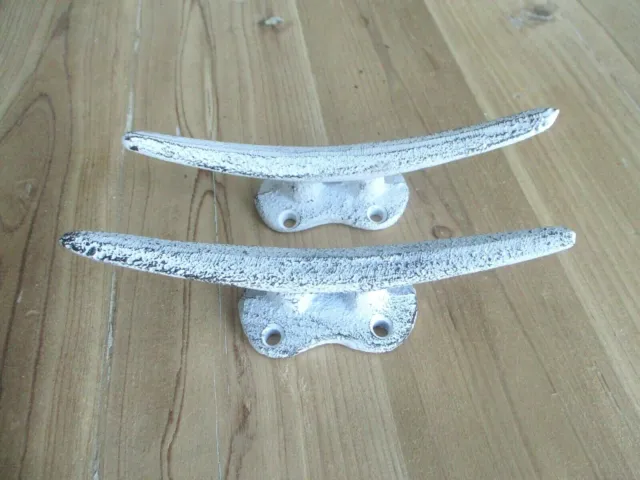 2 Cleat Nautical Wall Hooks Cast Iron Drawer Pull Boat Coat Distressed White