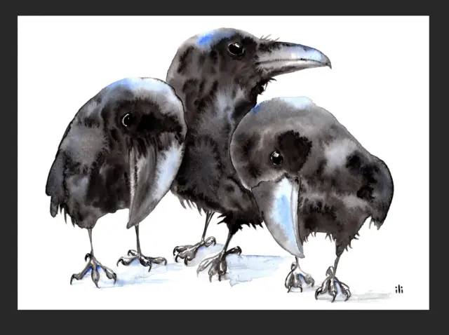 ACEO Watercolor Print Three Crows Fine Art Painting by Ilona Winter