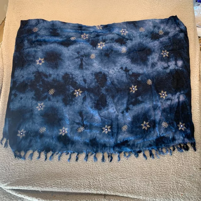 Women's Floral Beaded Rectangle Wrap Scarf Fringe Ends Blue Tie Dye Embroidery