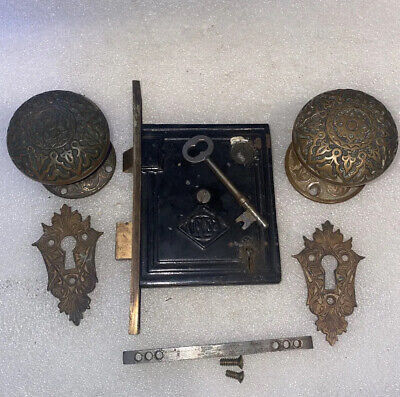 Antique Russel & Erwin Mortise Lock & Key Door Knobs Rosettes & Keyhole Covers 3