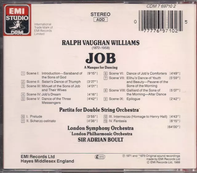 Vaughan Williams Job-A Masque for Dancing Partita / Boult CD EMI Studio EUC 2