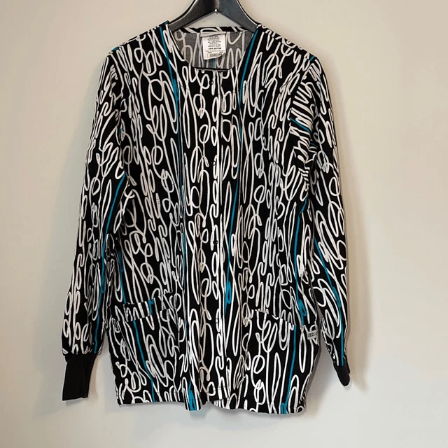 Uniform Advantage Women's Long Sleeve Scrub Coat Swirl Black/Teal Patterned Larg
