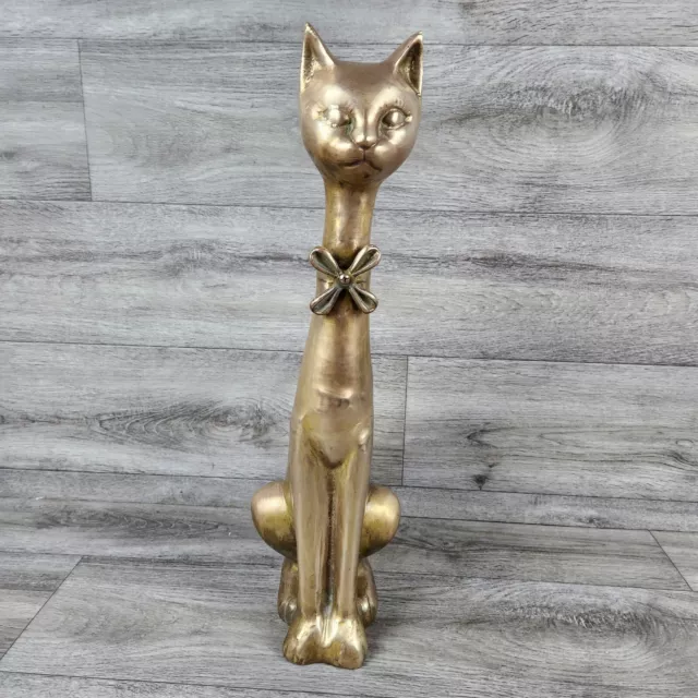 Vintage Mid Century Modern Solid Brass Large Cat With Bowtie 18.5" 9 lbs