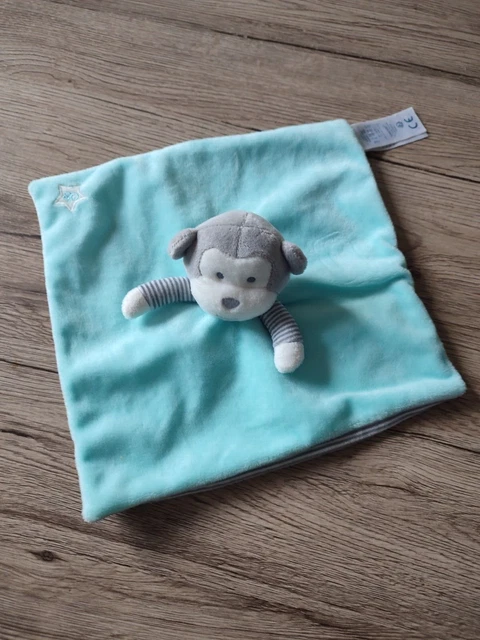 Doudou plat bleu singe raye gris blanc obaibi comme neuf