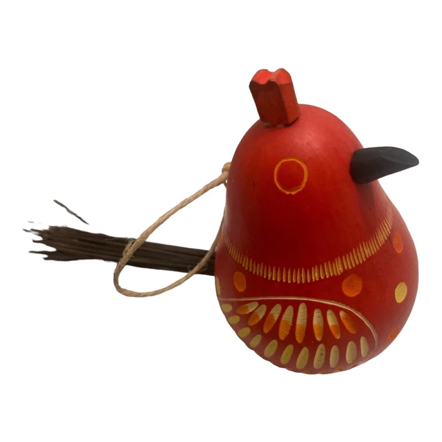 Handmade Bird Gourd Ornament Artisan Hand Painted Folk Art Red Orange Decor Peru