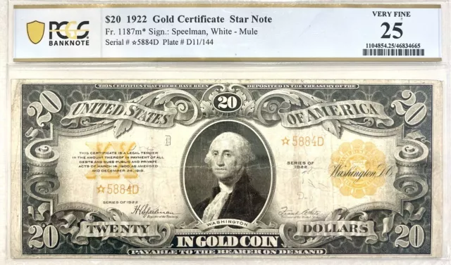 1922 $20 Gold Certificate Mule Star Note FR.1187m*. Super Low Serial *5884D