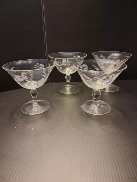 4 vintage Fostoria etched Fern and Flower stemmed sherbet/fruit bows, cocktails