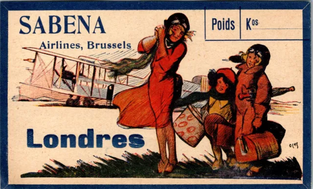 Sabena Belgium Airlines To Londres / London Very Old Baggage Luggage Label