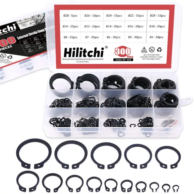 Hilitchi 300-Pcs [15-Size] Alloy Steel External Circlip Snap Retaining Clip Ring