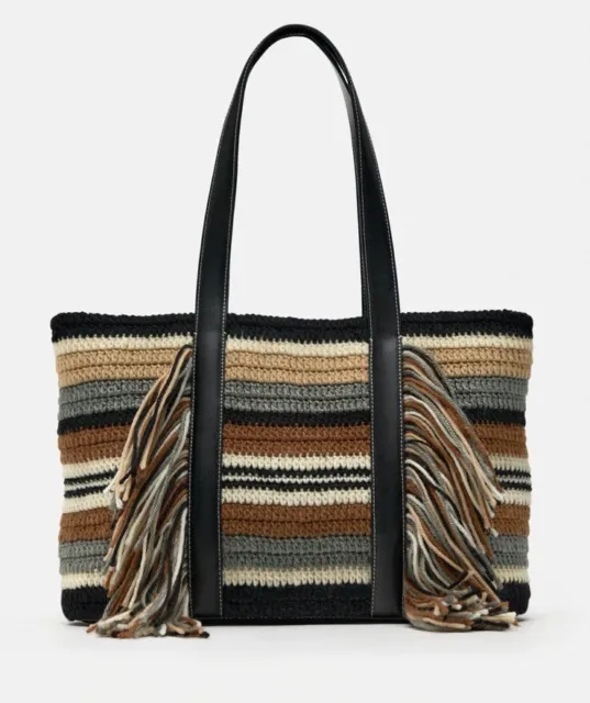 Zara Brown/Cream/Black Knit Woven Tassel Shoulder Tote Shopper Bag Rrp £50 •NEW•