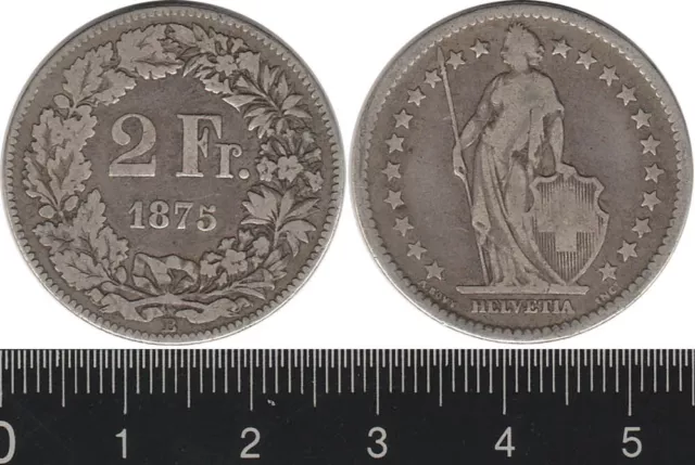 Switzerland: 1875B 2 Francs Standing Helvetia silver 2Fr  Scarce date