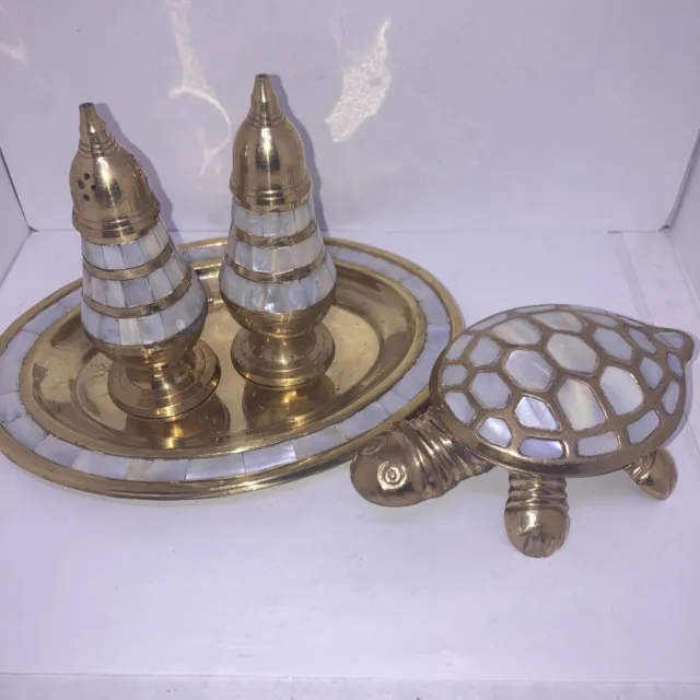 VINTAGE BRASS WITH MOTHER OF PEARL INLAY SHELL Four Pieces Set.