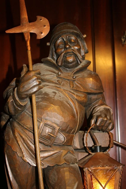 Antique 20" Wood Hand Carved Medieval Night Guard Watchman Pirate + Lamp Statue
