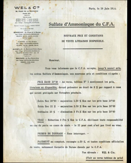 PARIS (VIII°) PRODUITS CHIMIQUES / SULFATE d'AMMONIAQUE "WEL & Cie" TARIFS 1934