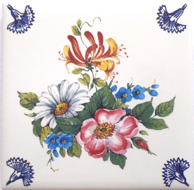 Delft Theme Flower with Blue Flower Corners Ceramic Tile 4.25" Kiln Fired Decor