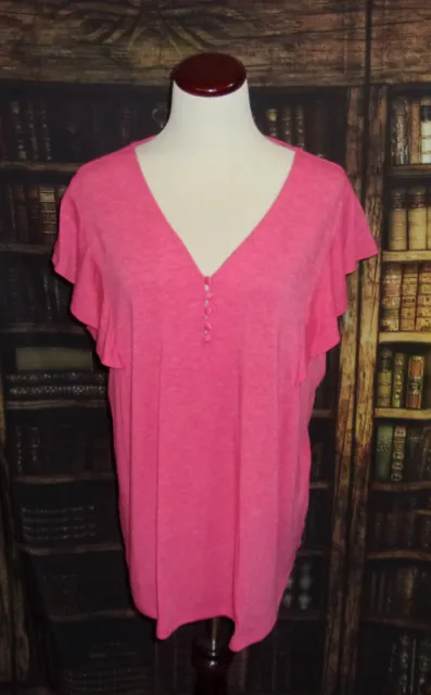 Liz Claiborne Top Blouse Size XL Pink Womens V Button Neck Cap Flutter Sleeve