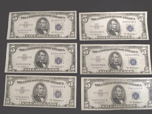 Lot Of 6 1953/1953A  $5 Silver Certificate Blue Seal Notes...Crisp...Nice!