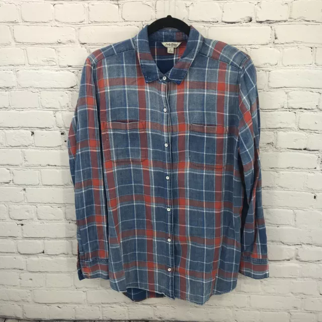 Lucky Brand Shirt Womens Large Blue Plaid Two Pocket Long Sleeve Casual