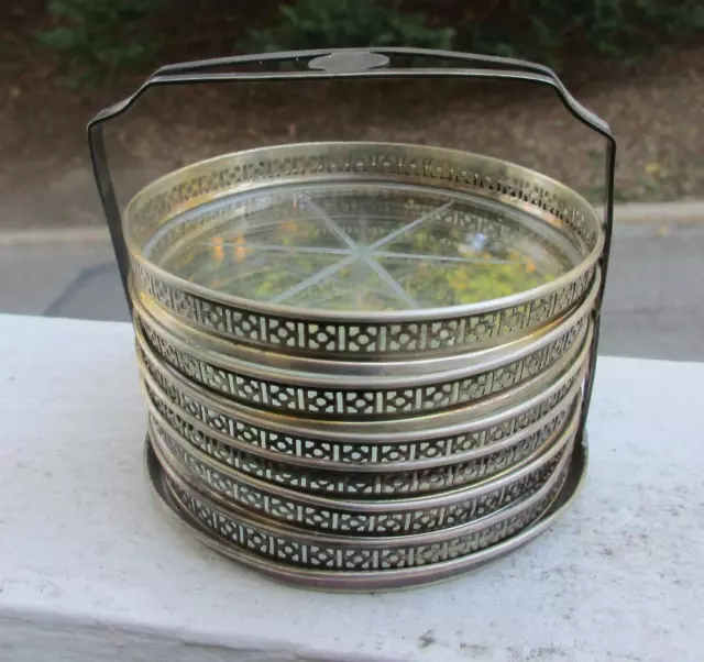 Webster Sterling Silver Holder Caddie  w/ 6 Sterling Framed Cut Glass Coasters