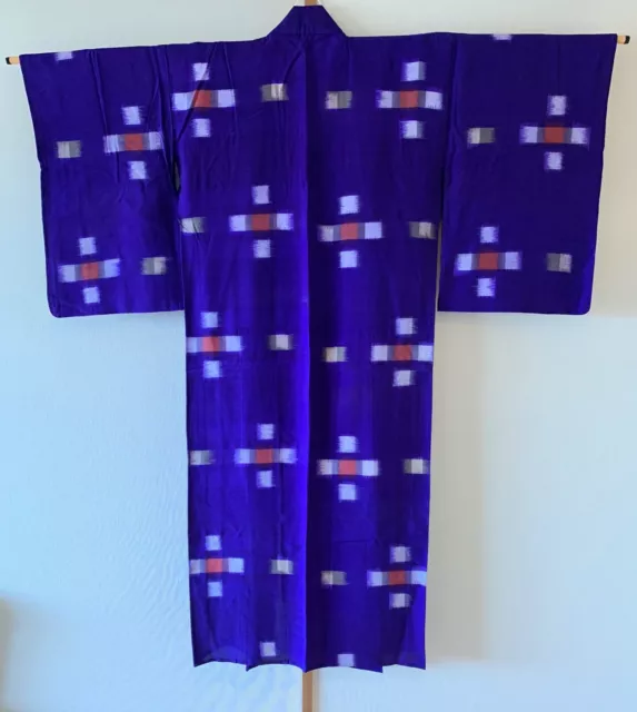 Vintage Japanese Kimono Meisen Silk dark purple cross kasuri zyuujigasuri f/s