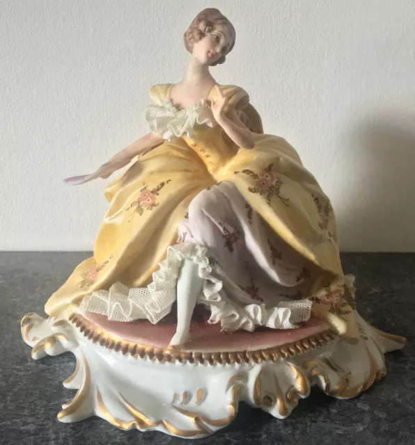 signed CAPPE CAPODIMONTE porcelain DRESDEN LACE seated WOMAN with FAN FIGURINE