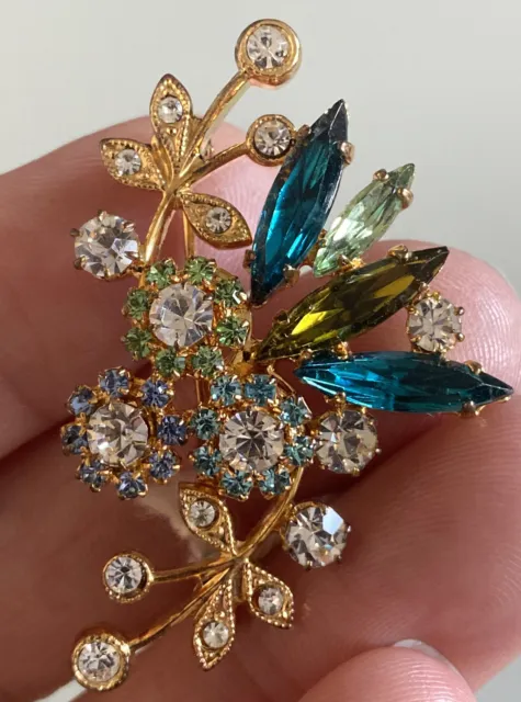 Vintage Czech Republic Flower Shape Brooch With Multi Color Crystals