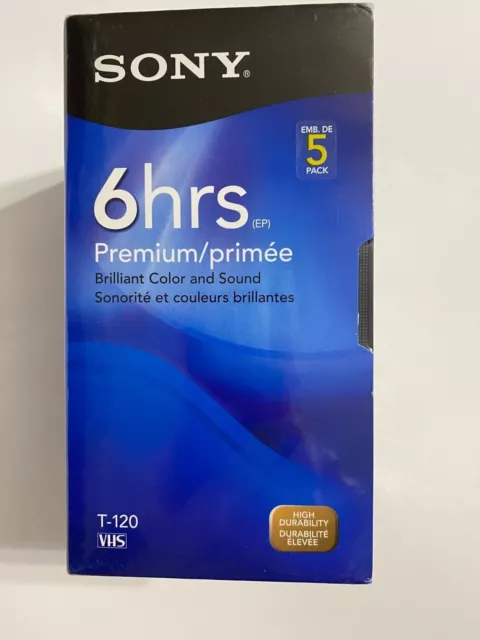 New/Sealed 5 Pack Of Sony Premium 6 Hour T-120 Blank Vhs Tapes