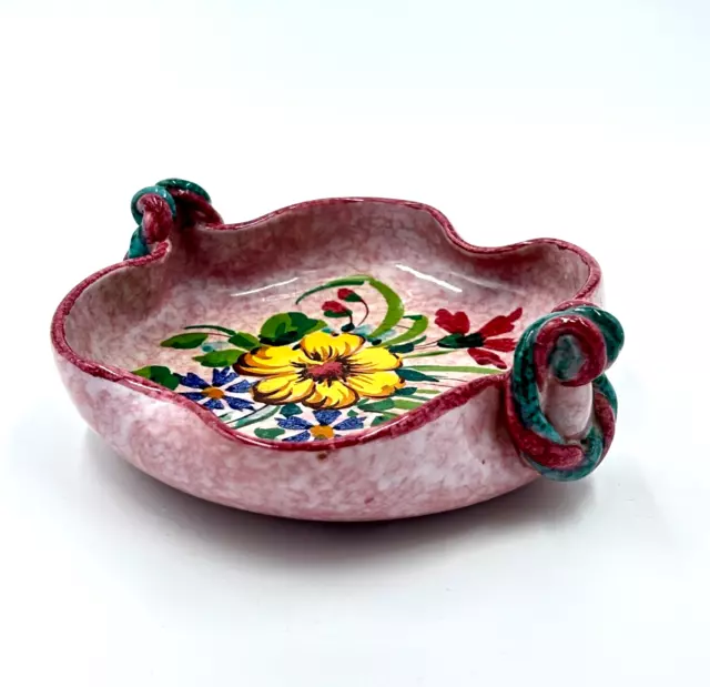 Vintage Hand Painted/Crafted Italian Pottery Trinket Dish - Pink w/Florals