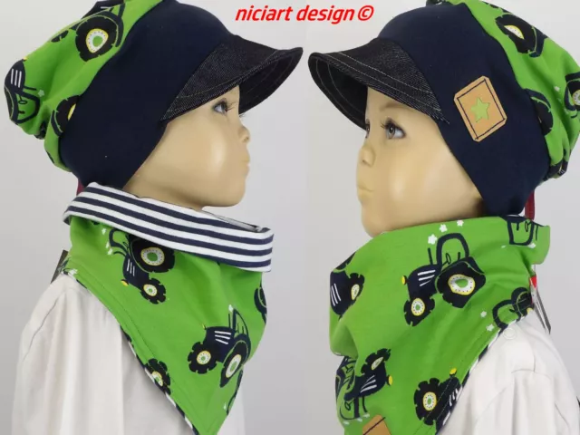 niciart design ♥F/S SCHIRMMÜTZE TRAKTOR♥BW JERSEY BÜNDCHEN SCHIRM BEANIE ♥GRÜN