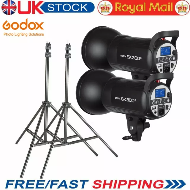 UK Godox 2* SK300II 300Ws GN58 Flash Strobe Speedlite Light + 2m Light Stand Kit