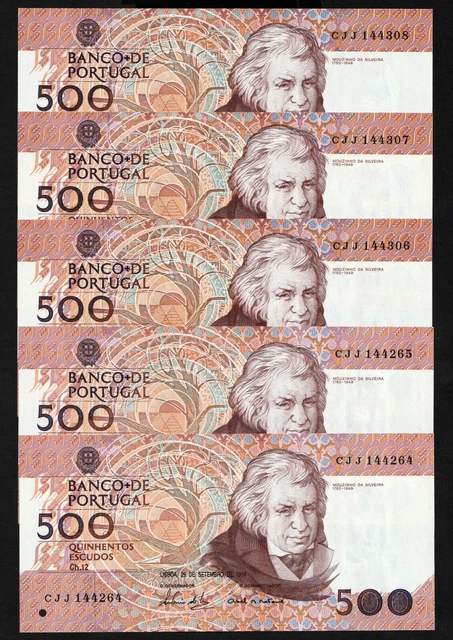 1992 Portugal 500 Escudos Banknotes, 5 Consecutive GUNC