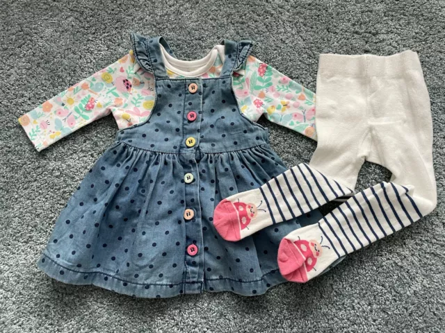 Mothercare Baby Bodysuit & Pinafore Dress Set with Tights - 0-3 Months/62 cm